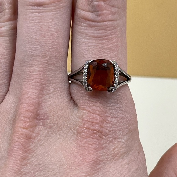 Large Sterling Silver 925 Stamped Amber Crystal with Halo Ring - Picture 4 of 9
